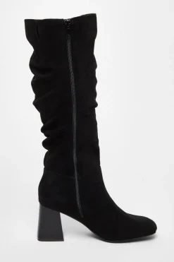 Quiz Faux Suede Ruched Heeled Boots Black Outlet