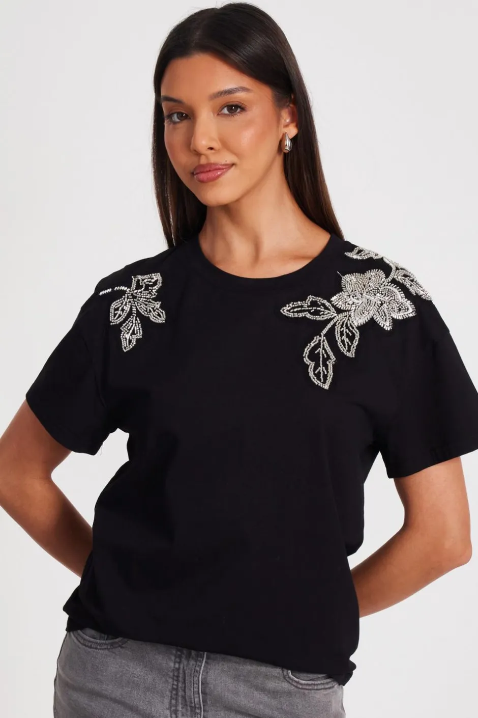 Quiz Black Floral Applique T-Shirt Sale