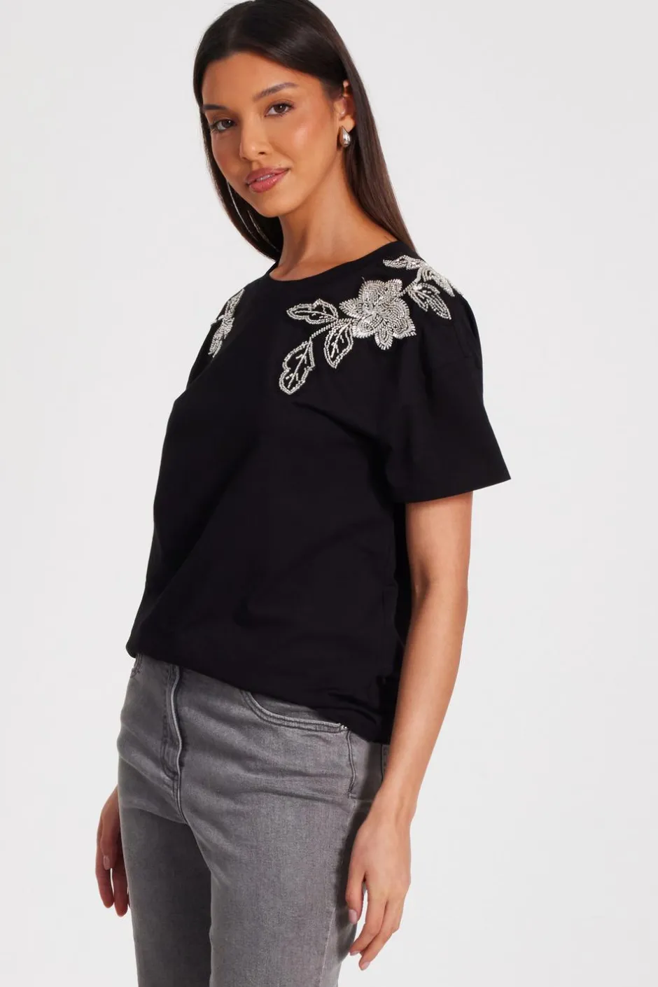 Quiz Black Floral Applique T-Shirt Sale