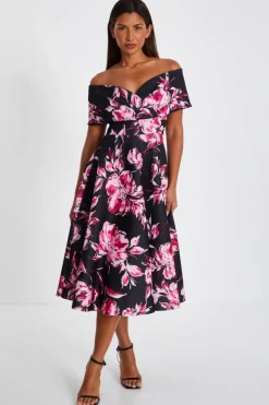Quiz Black Floral Bardot Skater Midi Dress Hot