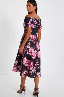 Quiz Black Floral Bardot Skater Midi Dress Hot