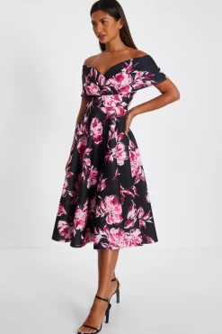 Quiz Black Floral Bardot Skater Midi Dress Hot