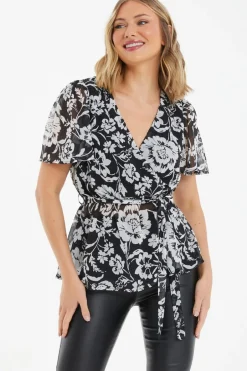 Quiz Black Floral Chiffon Wrap Top Outlet