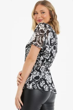 Quiz Black Floral Chiffon Wrap Top Outlet