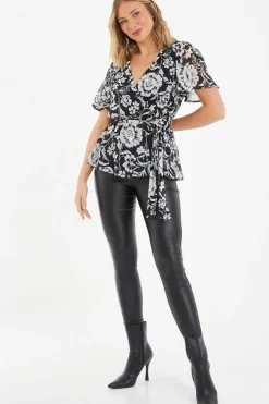 Quiz Black Floral Chiffon Wrap Top Outlet