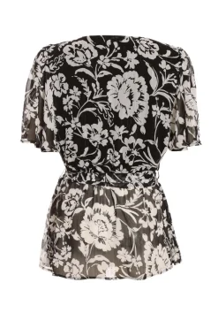 Quiz Black Floral Chiffon Wrap Top Outlet