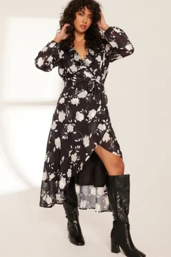 Quiz Black Floral Frill Wrap Midi Dress
