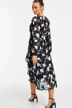 Quiz Black Floral Frill Wrap Midi Dress