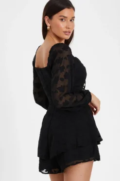Quiz Floral Jacquard Tiered Playsuit Black Outlet