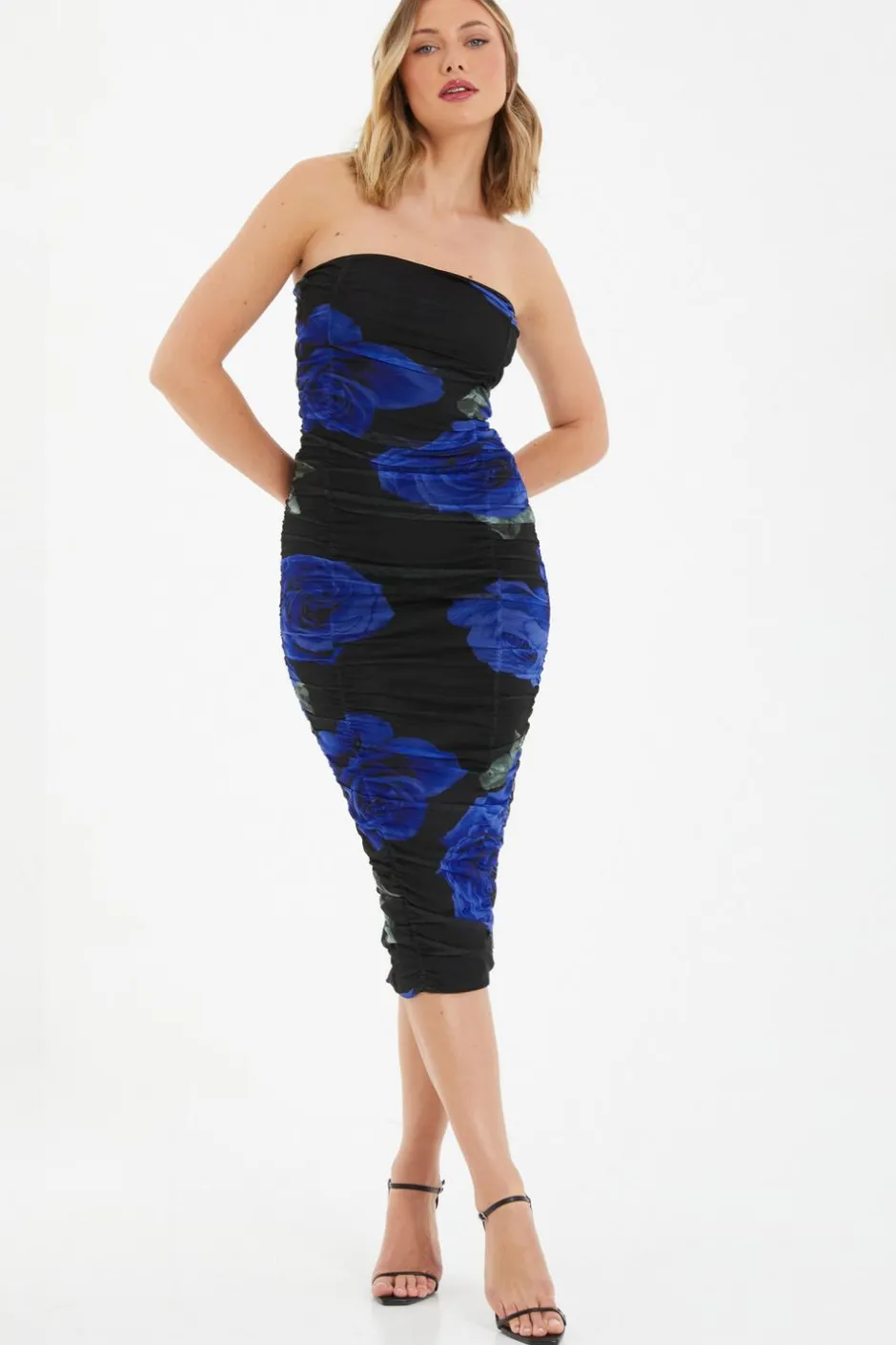Quiz Black Floral Mesh Bandeau Midi Dress Outlet