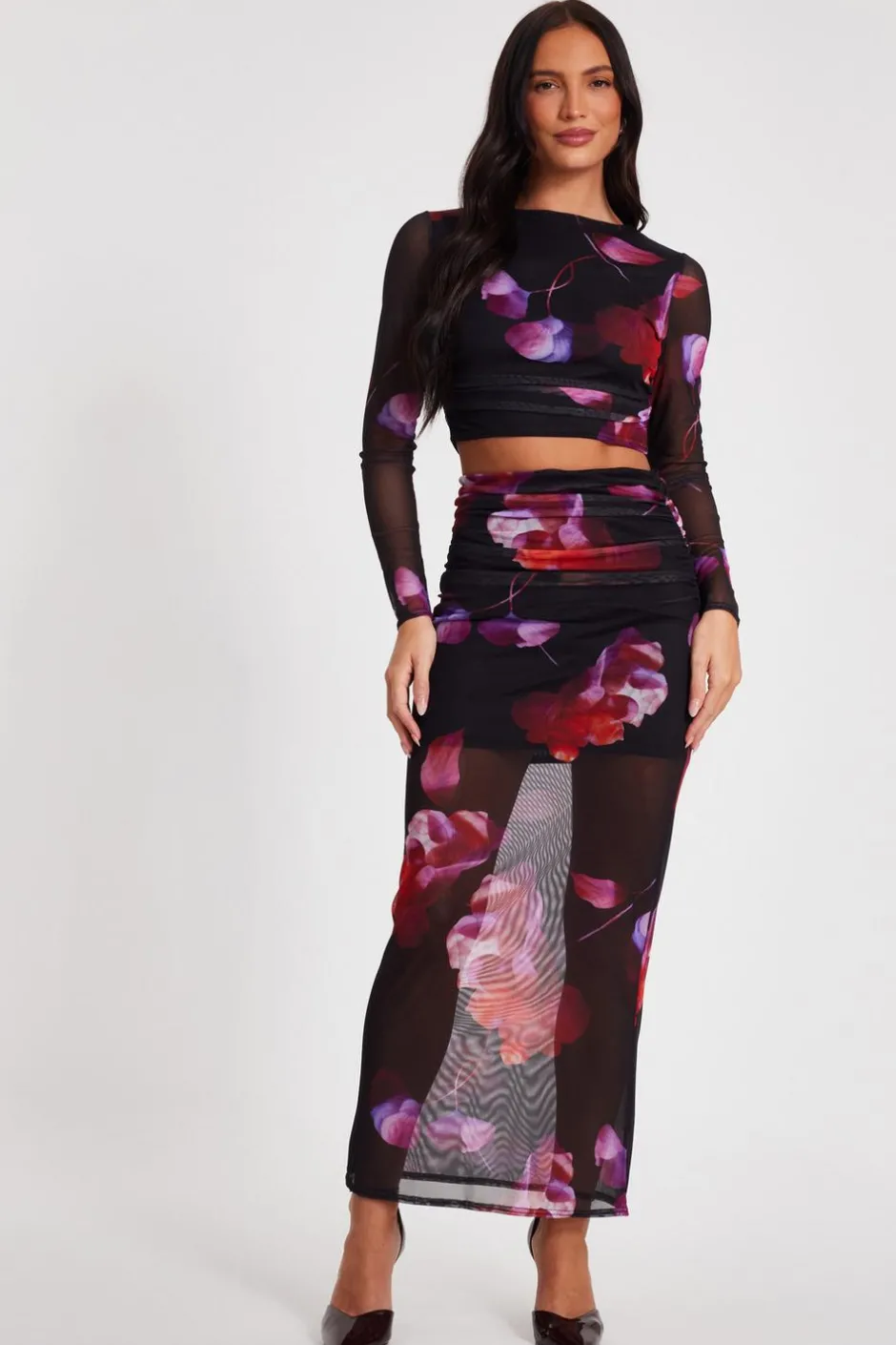 Quiz Black Floral Mesh Crop Top Sale