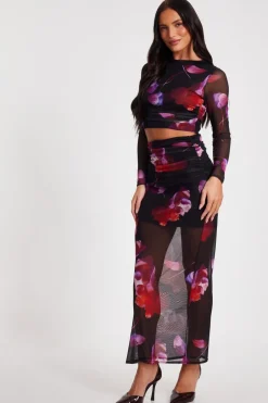 Quiz Black Floral Mesh Crop Top Sale