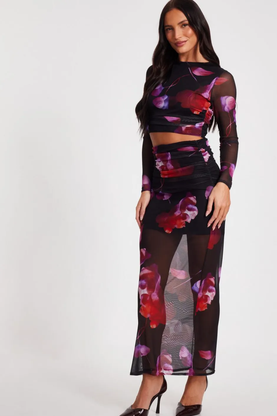 Quiz Black Floral Mesh Crop Top Sale