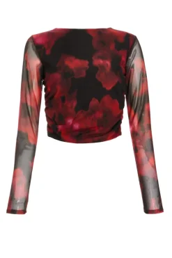 Quiz Black Floral Mesh Ruched Crop Top Sale