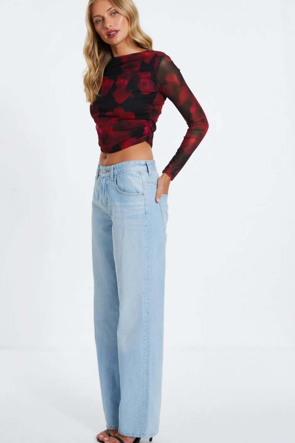 Quiz Black Floral Mesh Ruched Crop Top Sale