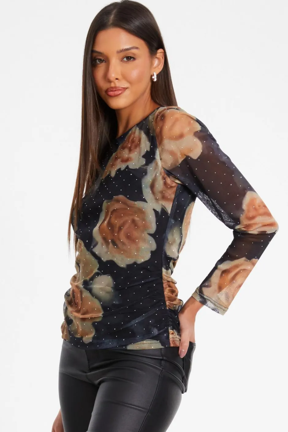 Quiz Black Floral Print Mesh Top Clearance