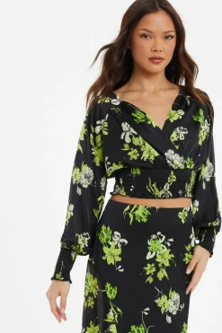 Quiz Black Floral Wrap Crop Top Hot
