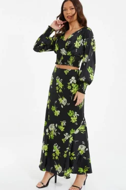 Quiz Black Floral Wrap Crop Top Hot