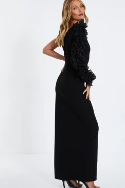 Quiz Black Frill One Shoulder Maxi Dress Hot