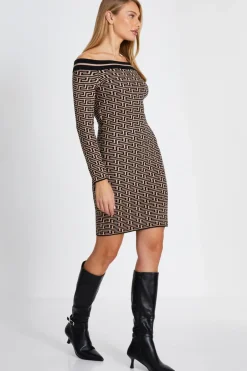 Quiz Black Geometric Bardot Mini Dress Sale