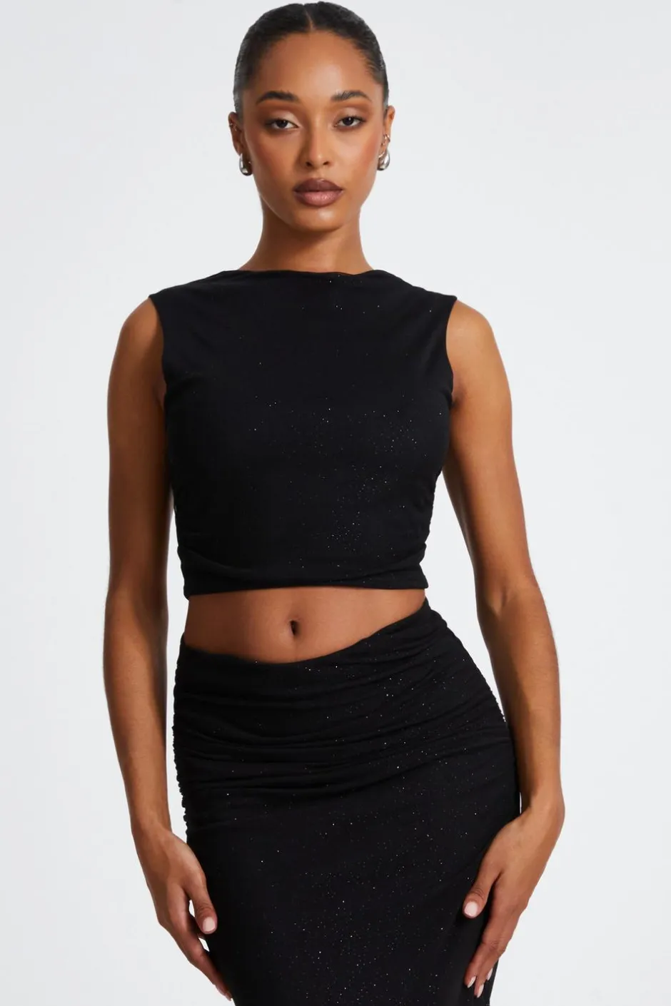 Quiz Glitter Mesh Crop Top Black Online