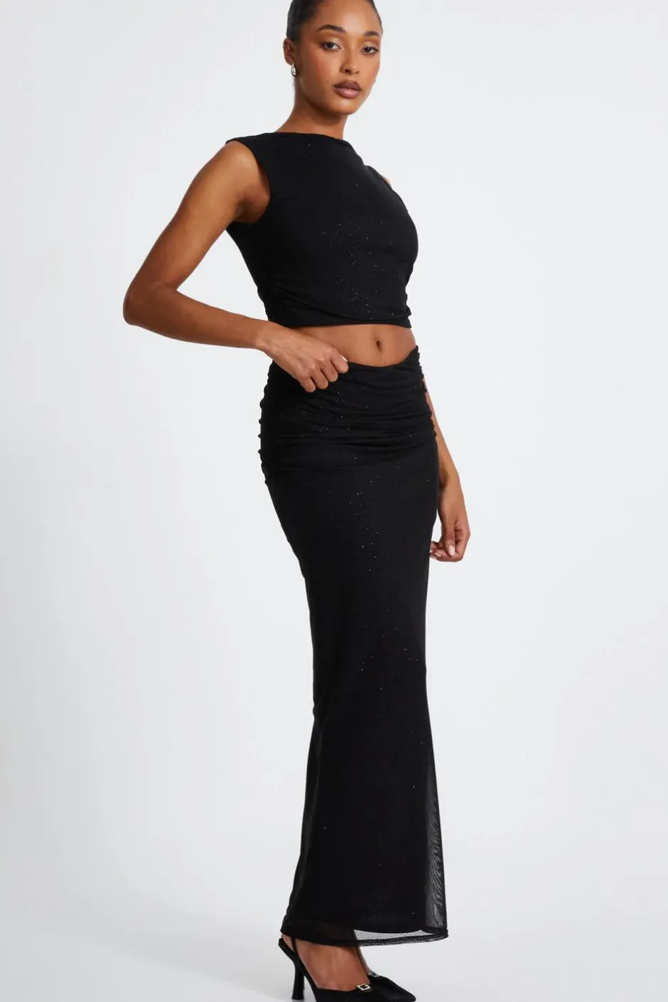 Quiz Glitter Mesh Crop Top Black Online