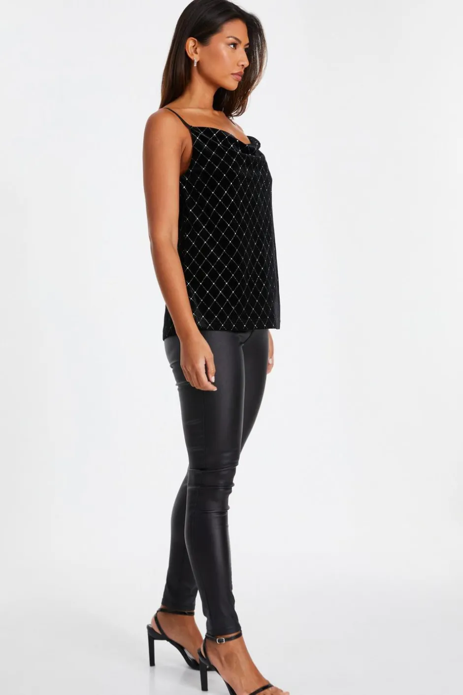 Quiz Black Glitter Velvet Vest Top Sale