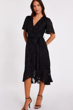 Quiz Jacquard Wrap Midi Dress Black Discount
