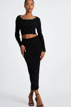 Quiz Black Knit Diamante Midi Skirt New