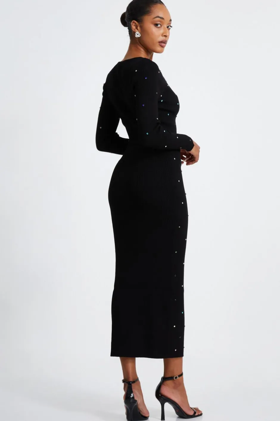 Quiz Black Knit Diamante Midi Skirt New