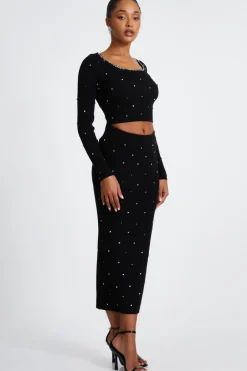 Quiz Black Knit Diamante Midi Skirt New