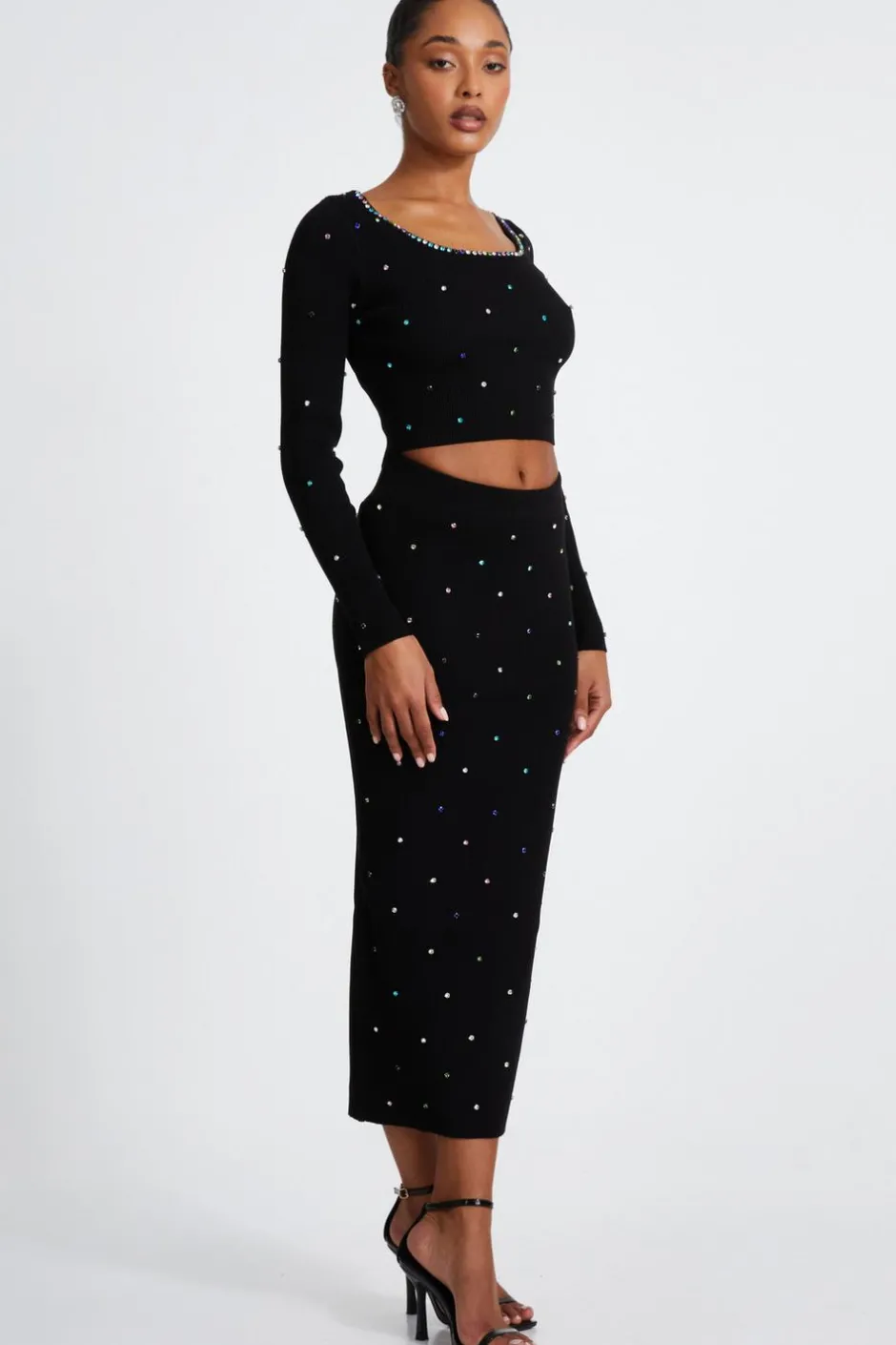 Quiz Black Knit Diamante Midi Skirt New