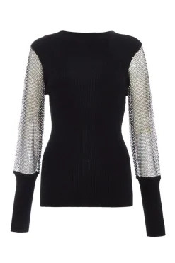 Quiz Knit Diamante Sleeve Jumper Black Discount