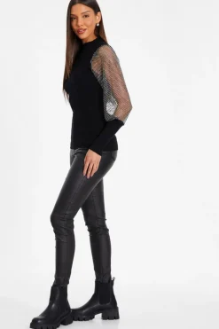 Quiz Knit Diamante Sleeve Jumper Black Discount