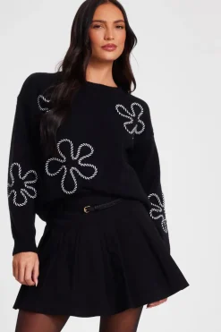 Quiz Black Knit Flower Stitch Jumper New