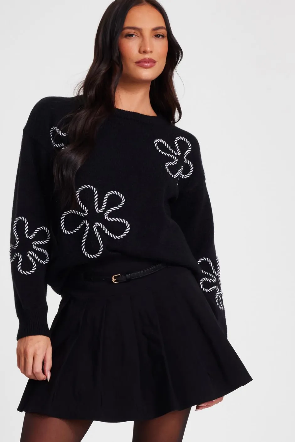 Quiz Black Knit Flower Stitch Jumper New