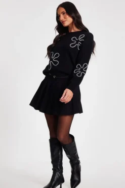Quiz Black Knit Flower Stitch Jumper New