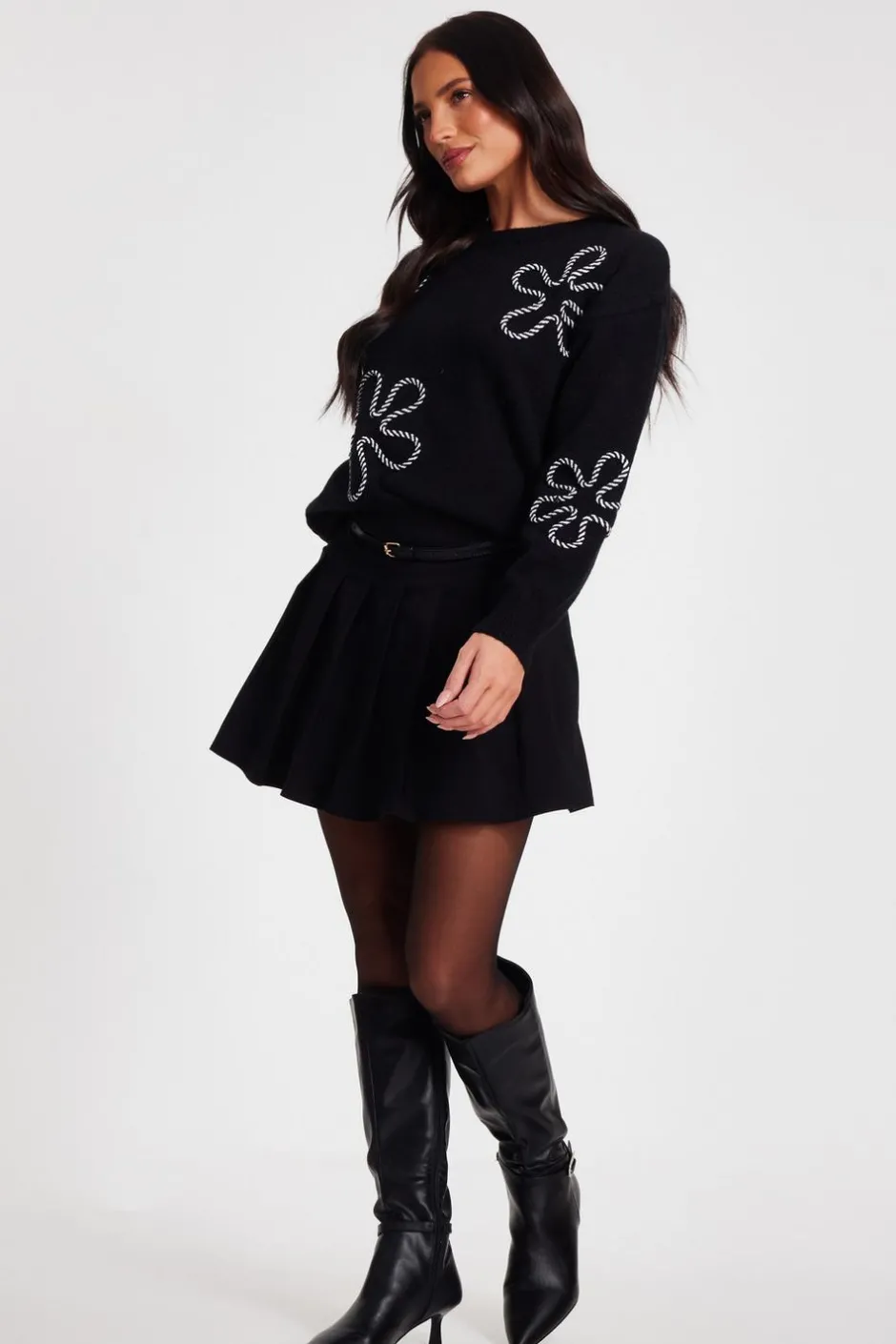 Quiz Black Knit Flower Stitch Jumper New