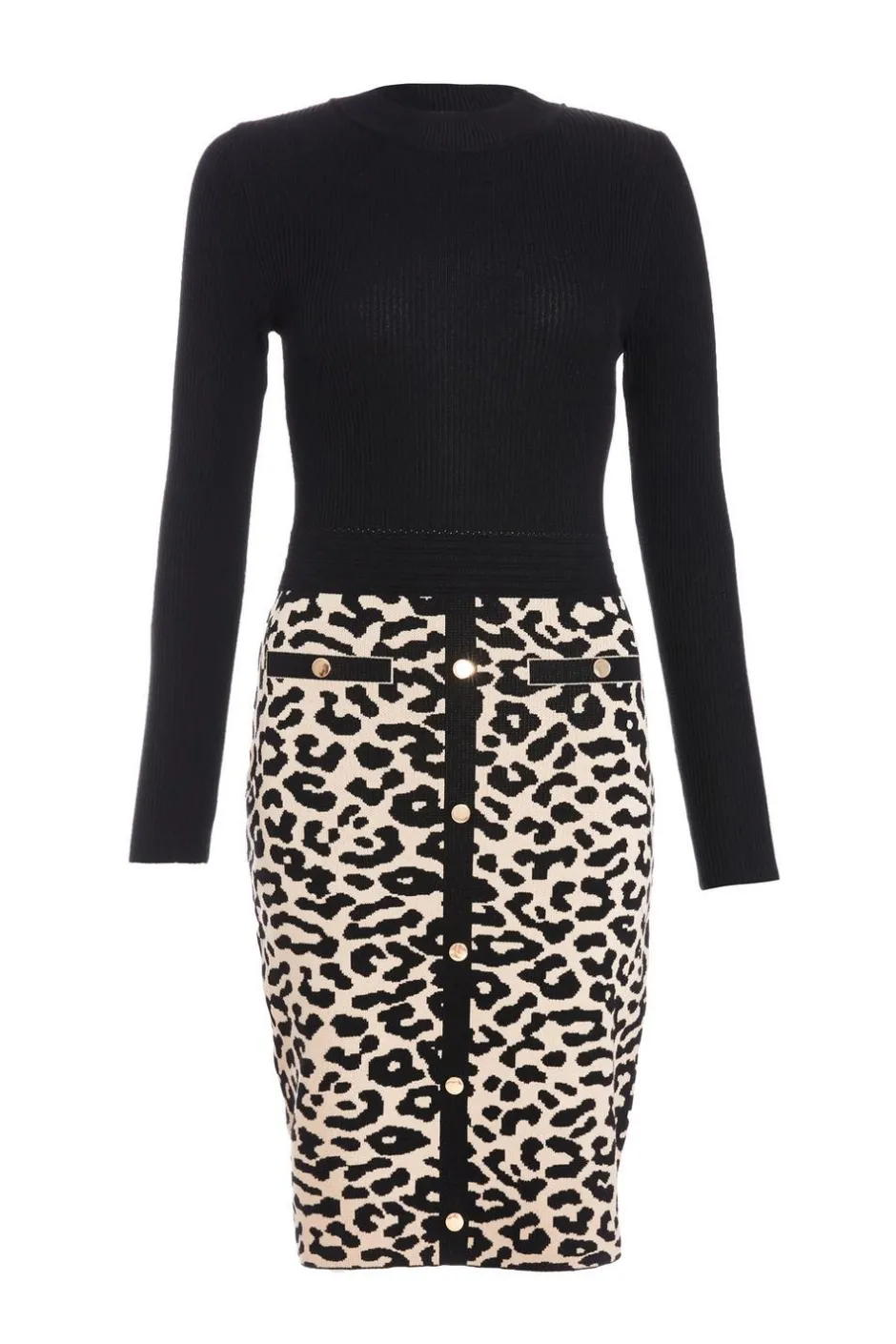 Quiz Black Knit Leopard Print Jumper Dress Online