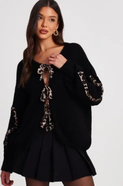 Quiz Black Knit Leopard Trim Cardigan Best