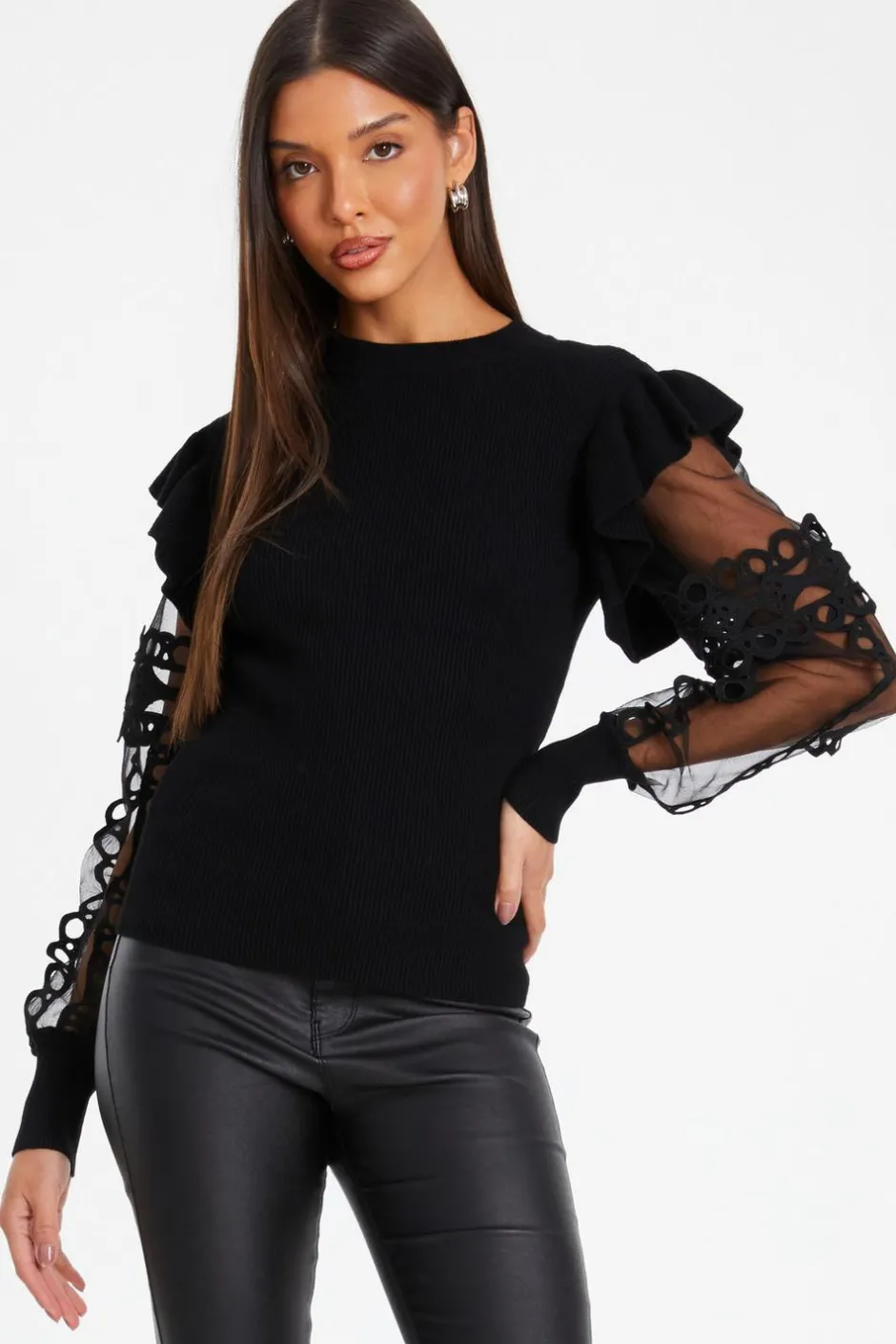 Quiz Knit Mesh Sleeve Jumper Black Best