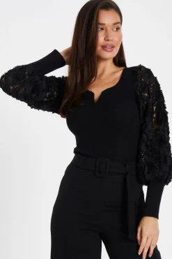 Quiz Black Knit Sleeve Detail Top Outlet