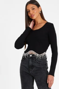 Quiz Knitted Diamante Crop Top Black Outlet