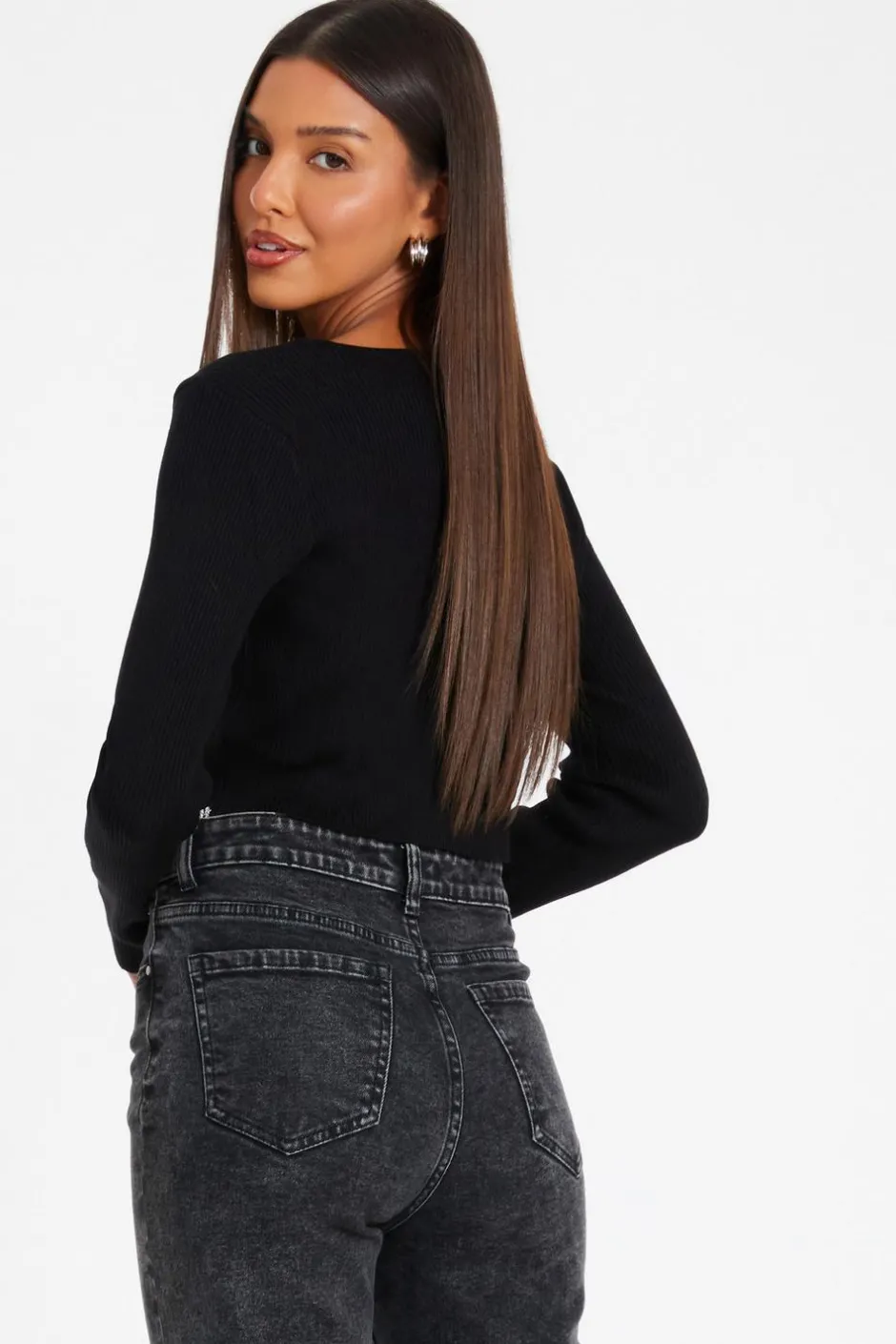 Quiz Knitted Diamante Crop Top Black Outlet