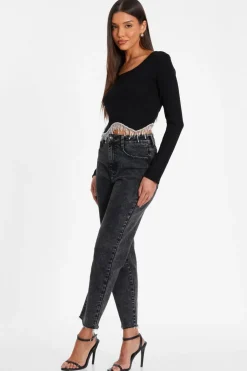 Quiz Knitted Diamante Crop Top Black Outlet