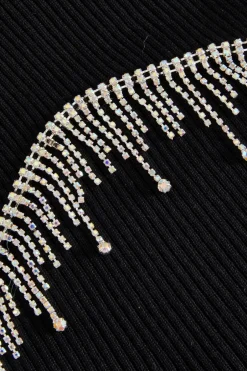 Quiz Knitted Diamante Crop Top Black Outlet
