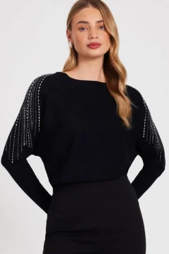 Quiz Knitted Diamante Jumper Black Online