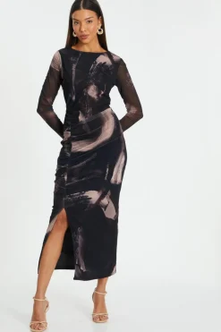 Quiz Black Marble Print Mesh Midaxi Dress
