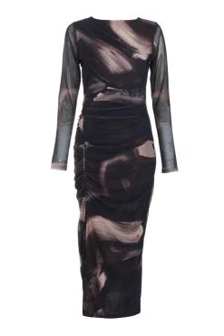 Quiz Black Marble Print Mesh Midaxi Dress