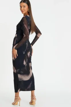 Quiz Black Marble Print Mesh Midaxi Dress